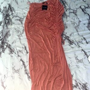 JLUXLABEL Coral Pink Maxi Slinky Skirt with Side Ruching